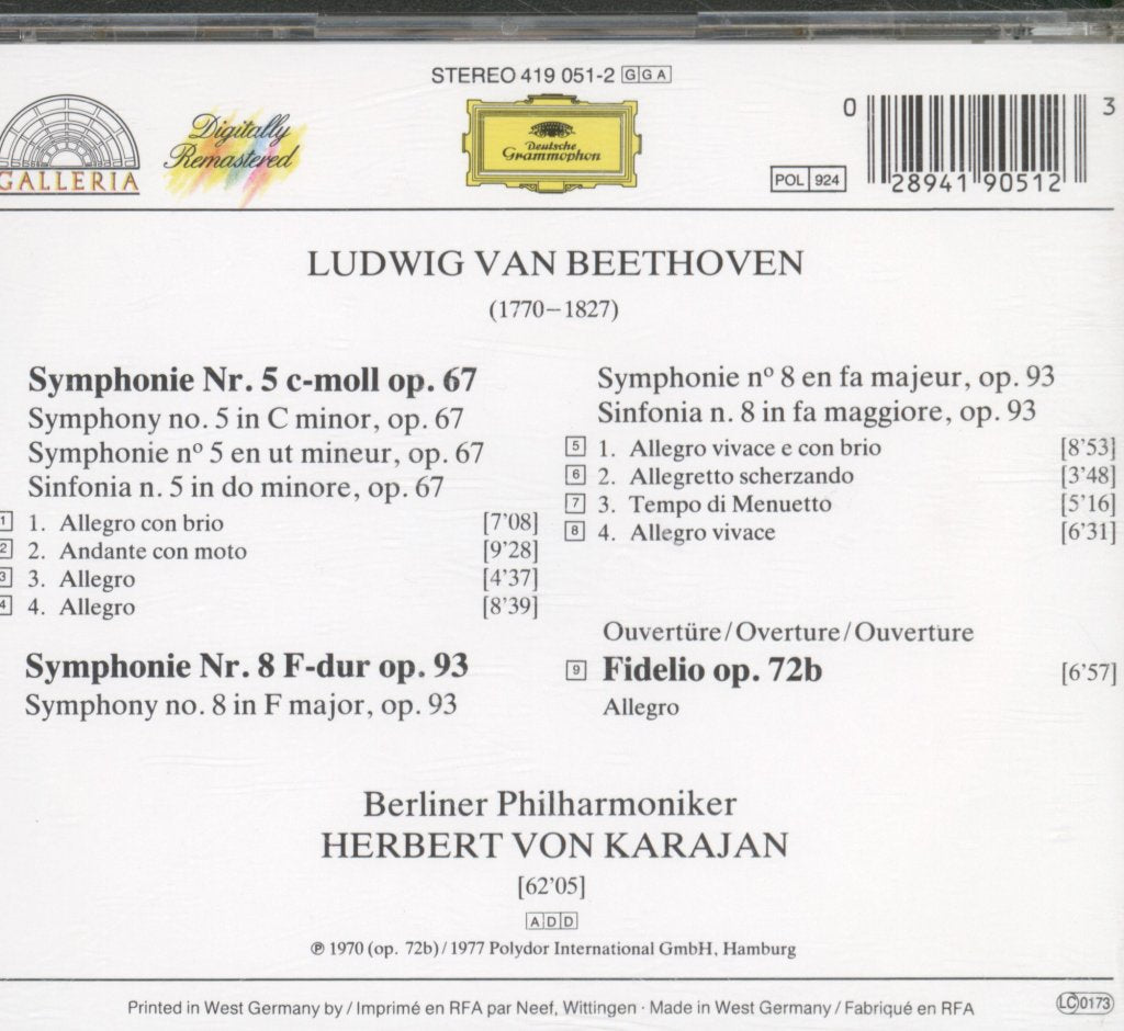 Herbert Von Karajan / Berliner Philharmoniker - Beethoven - Symphonien Nr. 5 & 8 / Ouvertüre "Fidelio" - Cd
