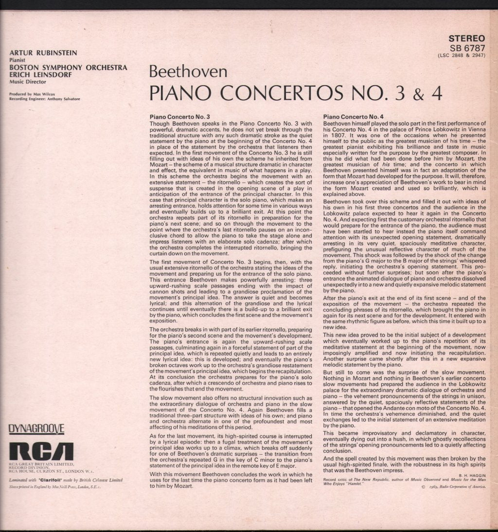 Artur Rubinstein / Erich Leinsdorf / Boston Symphony Orchestra - Beethoven - Piano Concertos No. 3 & 4 - Lp