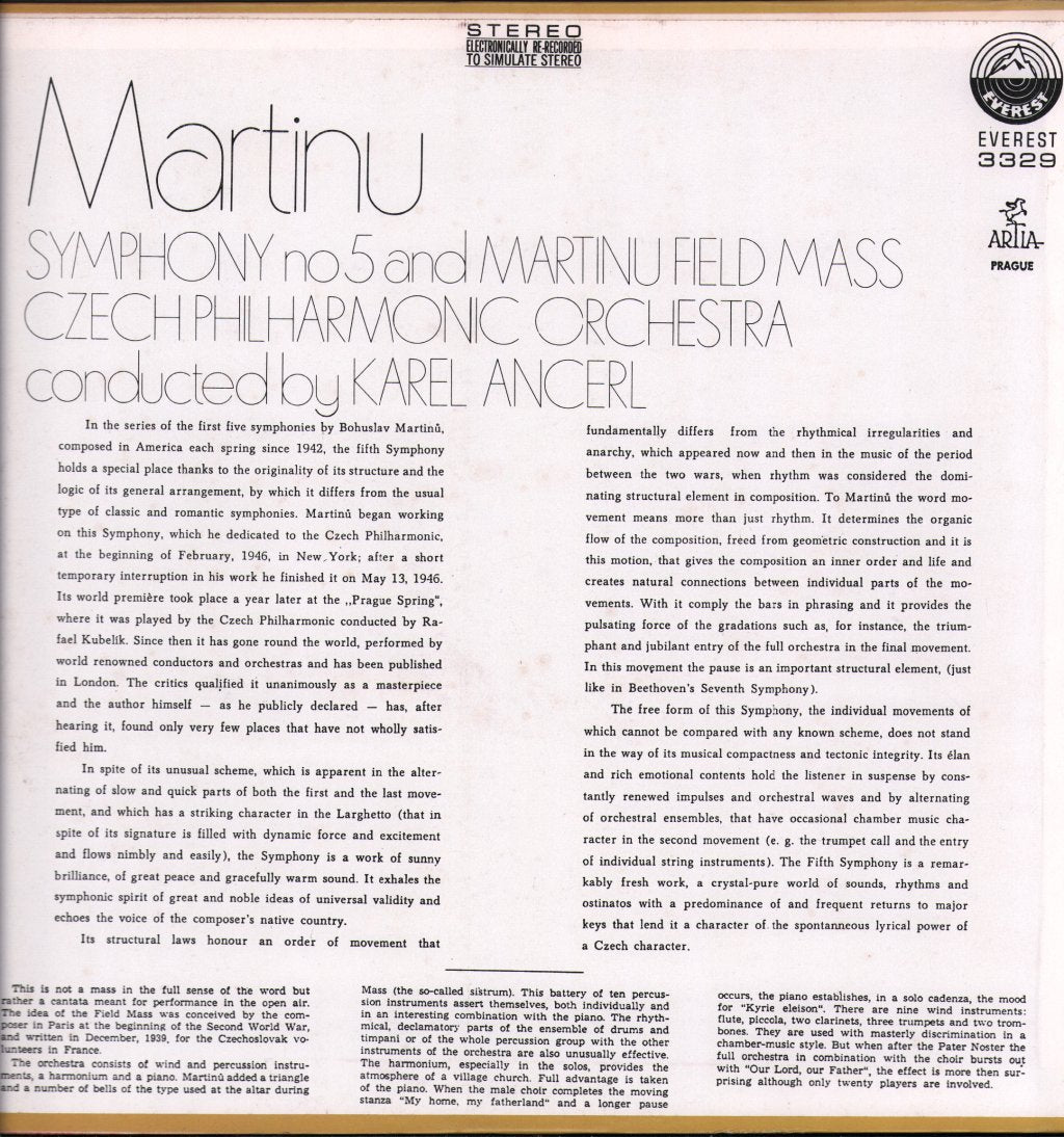 Karel Ancerl / Czech Philharmonic Orchestra - Martinu - Symphony No. 5 and Martinu Field Mass - Lp