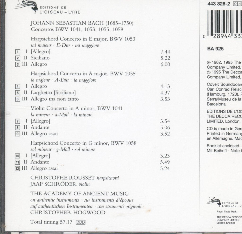 Christophe Rousset, The Academy Of Ancient Music, Christopher Hogwood - Bach - Harpsichord Concertos BWV 1053, 1055, 1058 - Cd