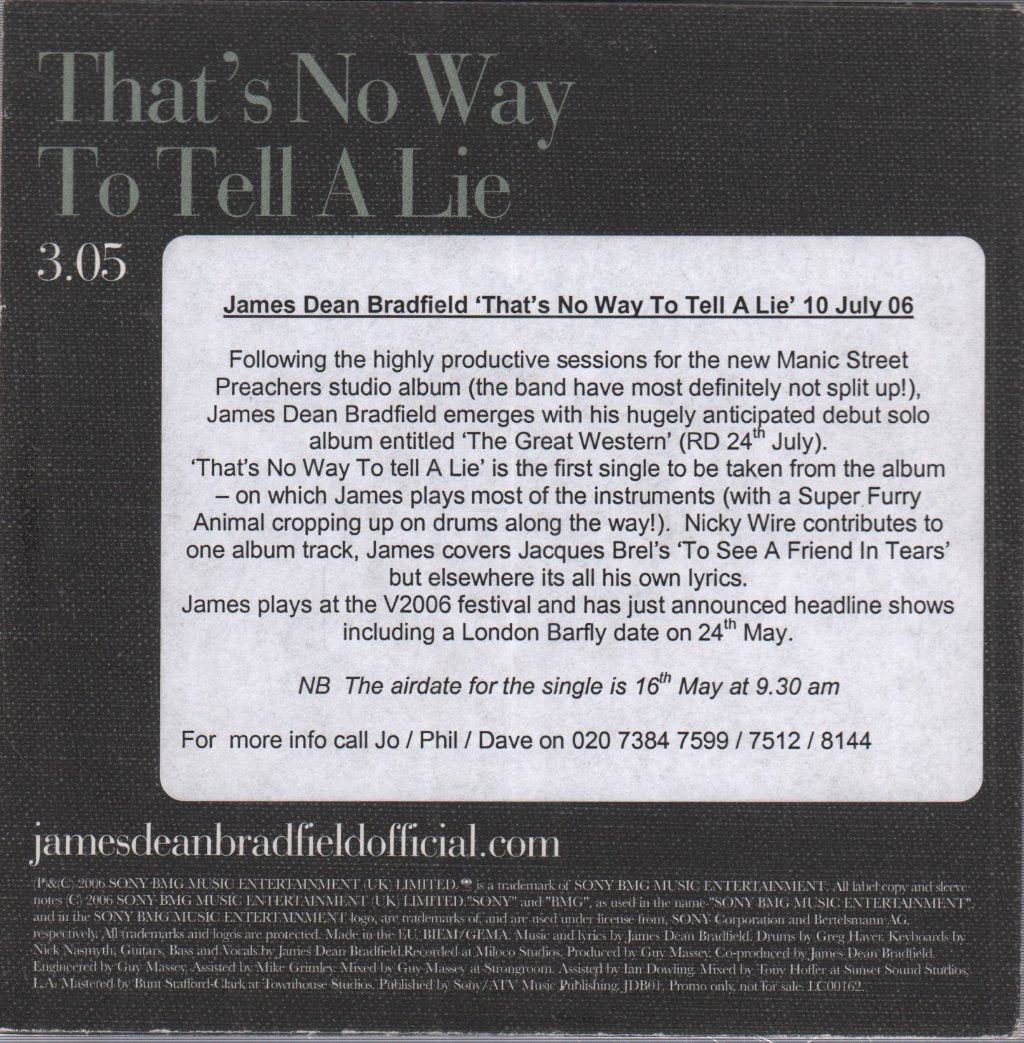 James Dean Bradfield - That's No Way To Tell A Lie - Cd