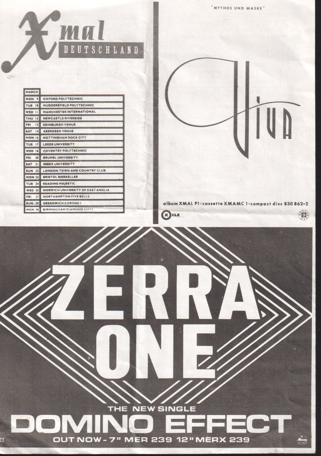 X mal Deutschland/Zerra One - Viva Tour/Domino Effect - Flyer