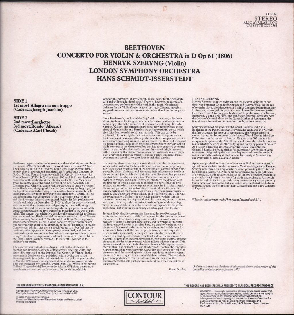 Henryk Szeryng / Hans Schmidt-Isserstedt / London Symphony Orchestra - Beethoven - Violin Concerto In D Op 61 - Lp