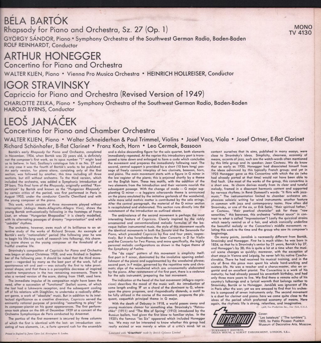 Walter Klien / Gyorgy Sandor / Charlotte Zelka - Janacek - Concertino For Piano & Chamber Orchestra / Honegger - Concertino For Piano & Orchestra - Lp