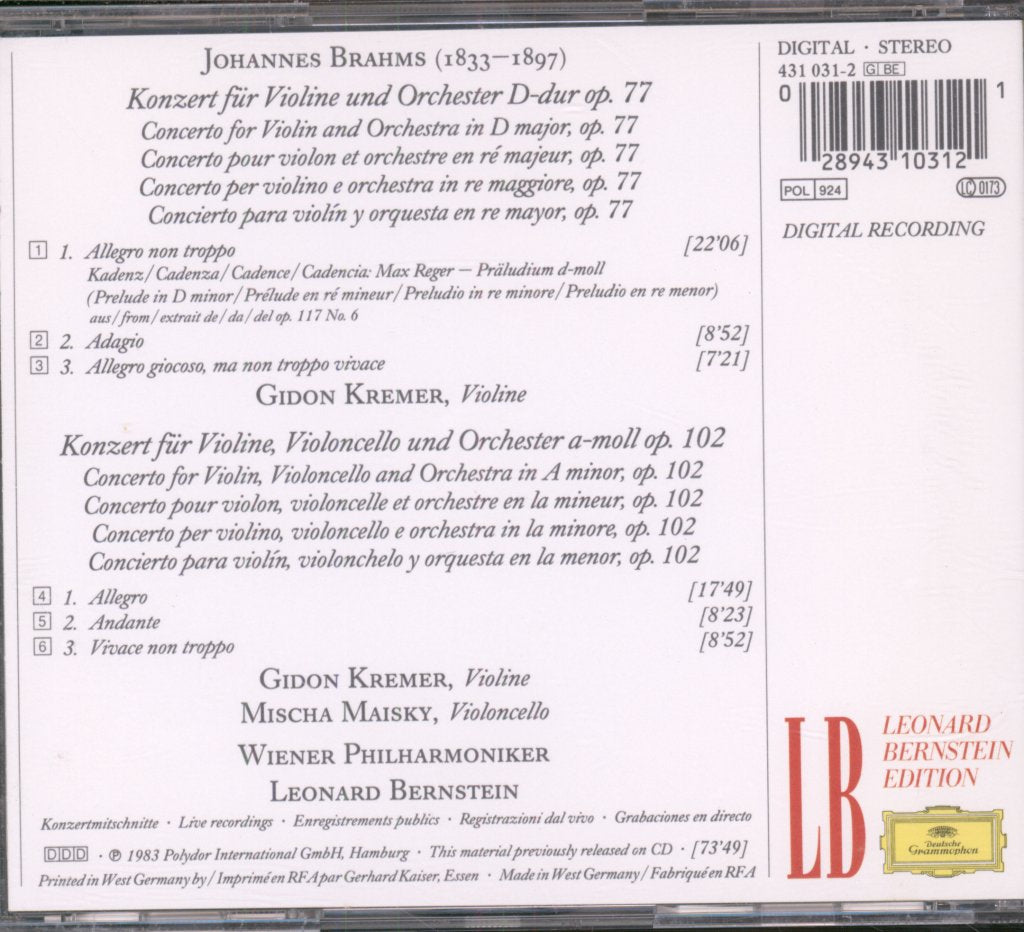 Wiener Philharmoniker, Leonard Bernstein - Brahms - Violinkonzert / Doppelkonzert / Violin Concerto / Double Concerto - Cd