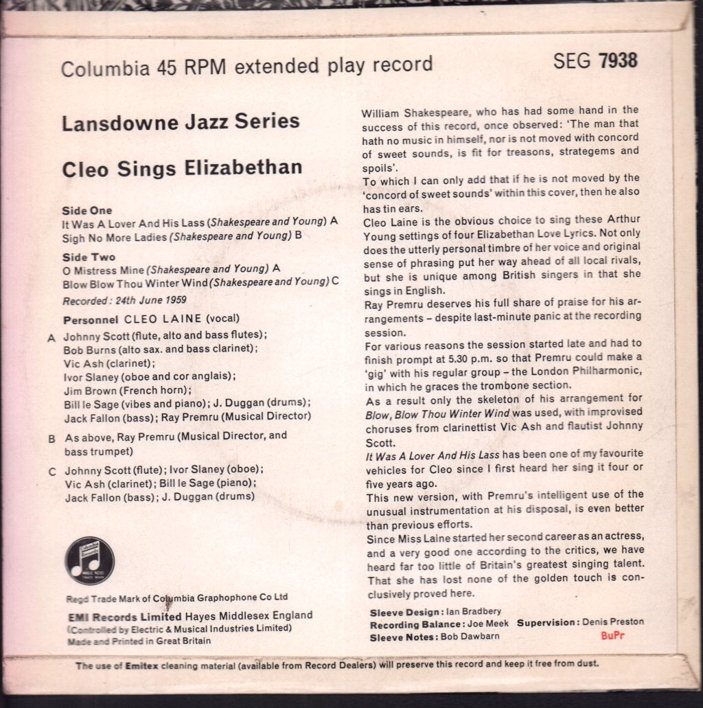 Cleo Laine - Cleo Sings Elizabethan - 7 Inch
