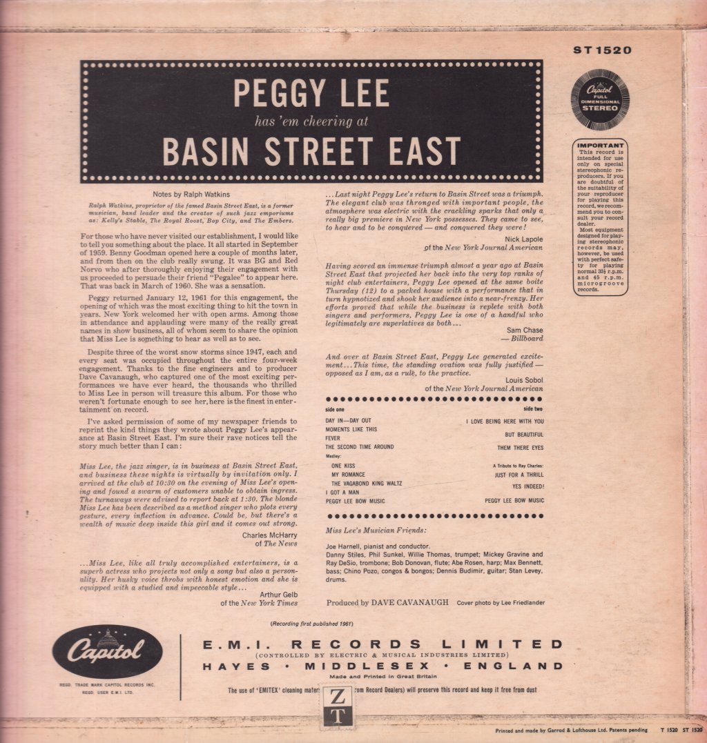 Peggy Lee - Peggy Lee At Basin Street East - Lp