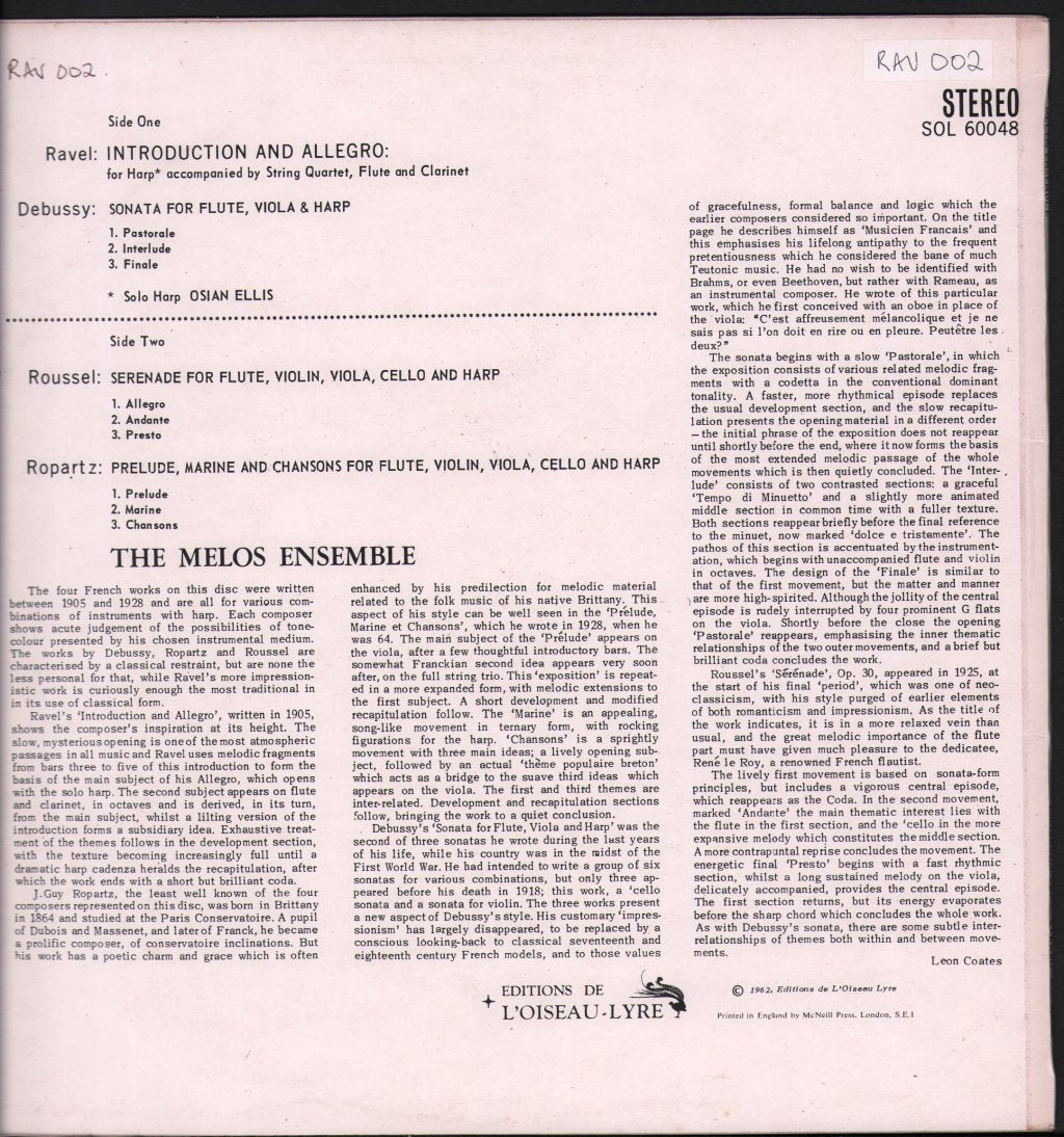 Melos Ensemble - Ravel - Introduction And Allegro / Debussy - Sonata - Lp