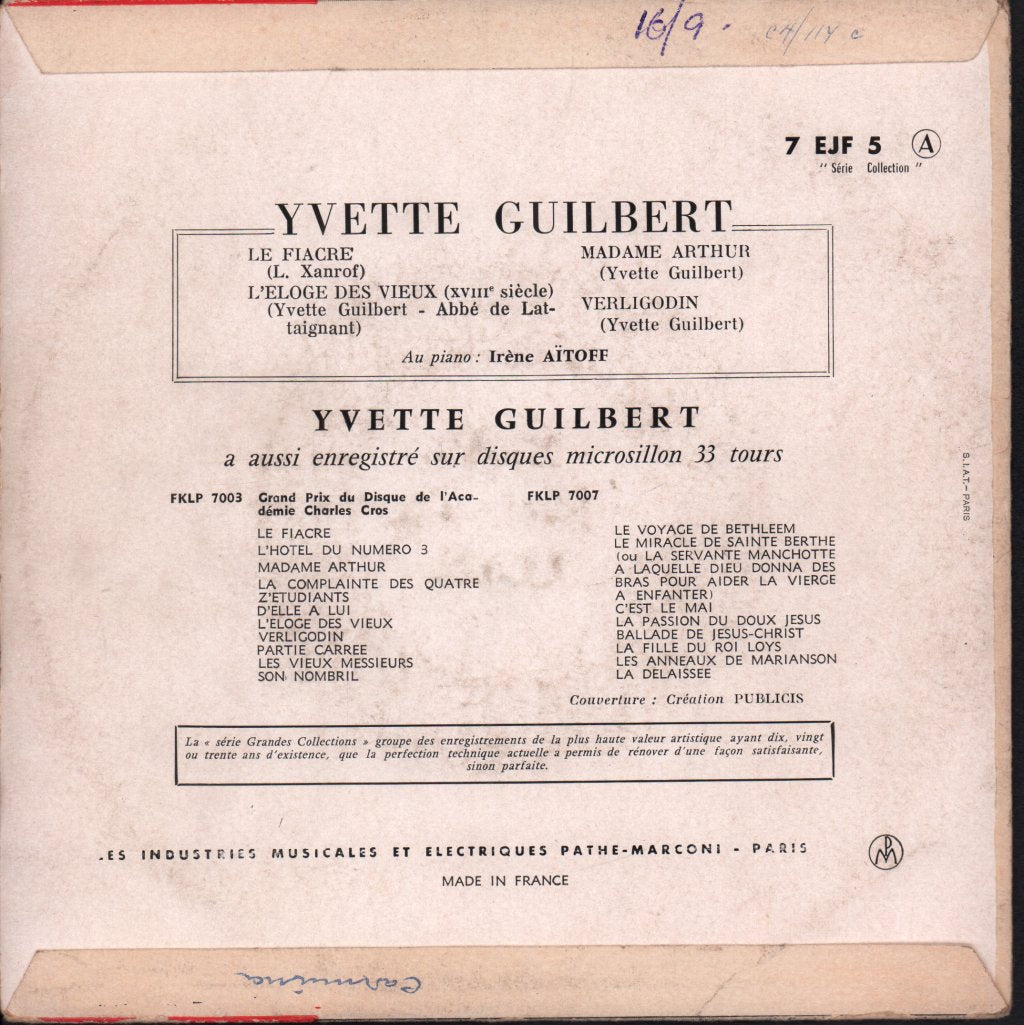 Yvette Guilbert - Le Fiacre - 7 Inch