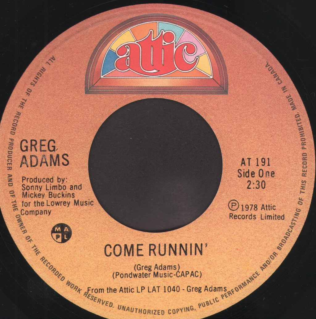 Greg Adams - Come Runnin' - 7 Inch