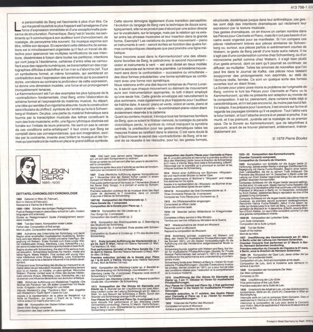 Daniel Barenboim / Pinchas Zukerman / Antony Pay / Ensemble Intercontemporain - Alban Berg - Kammerkonzert / Klaviersonate Op.1 - Lp