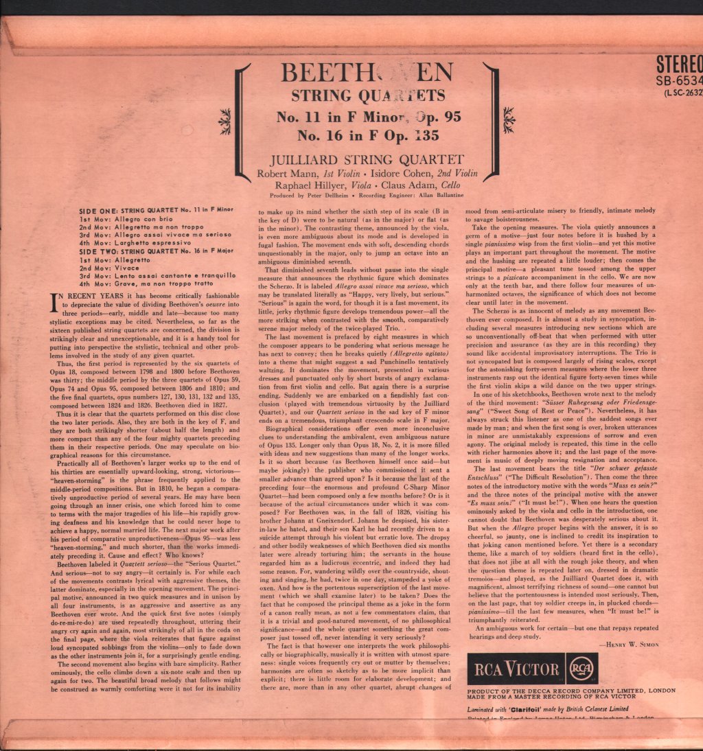 Juilliard String Quartet - Beethoven - Quartets In F Minor, Op. 95 · F Major, Op. 135 - Lp