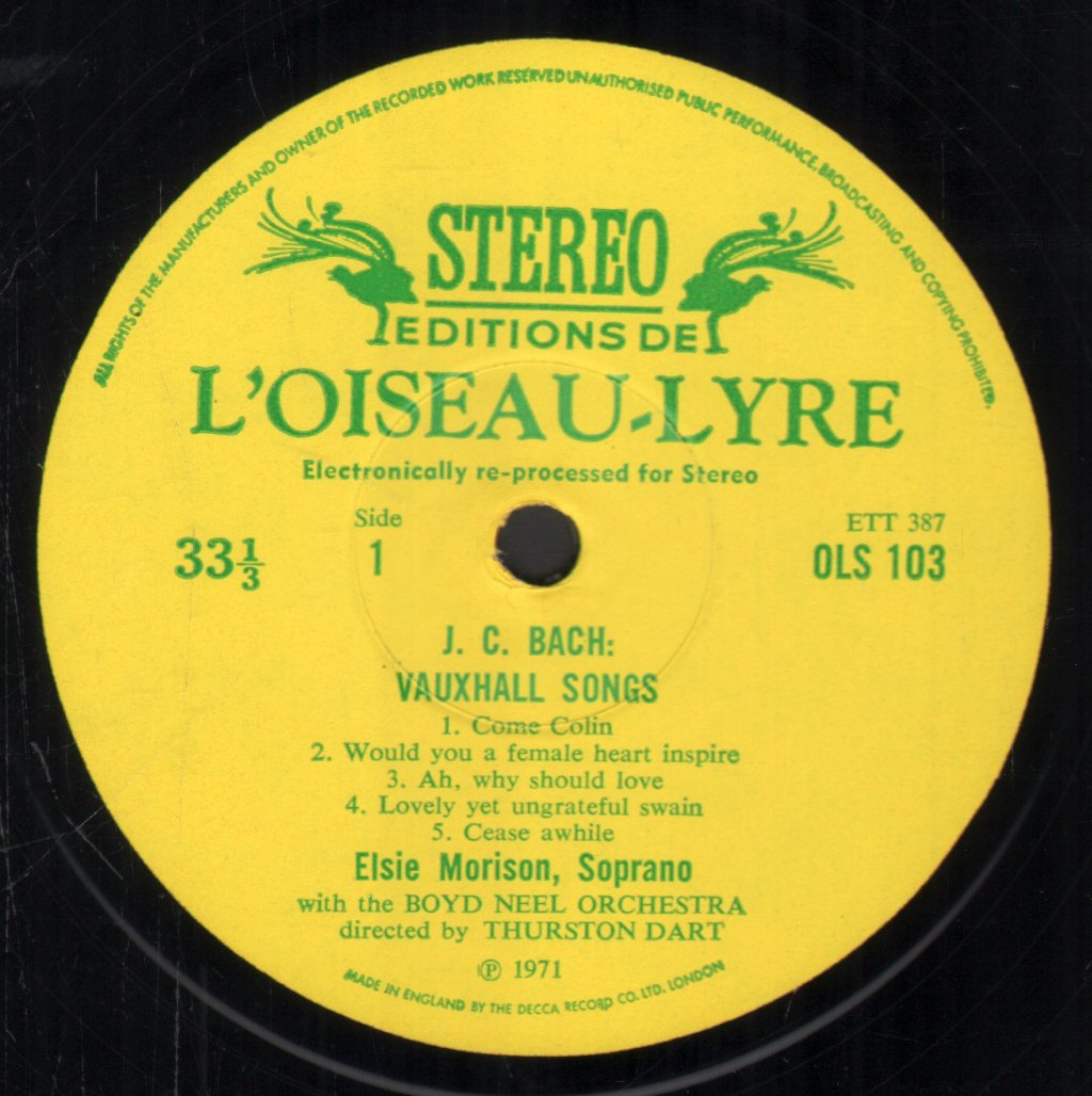 Jennifer Vyvyan / Elsie Morison / Boyd Neel Orchestra / Thurston Dart - J.C. Bach - Mr. Bach At Vauxhall Gardens - Lp