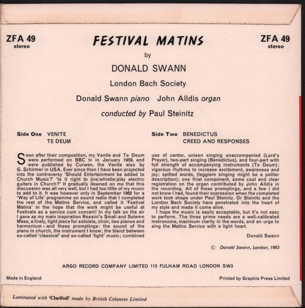 Donald Swann / London Bach Society / John Alldis - Festival Matins - 7 Inch