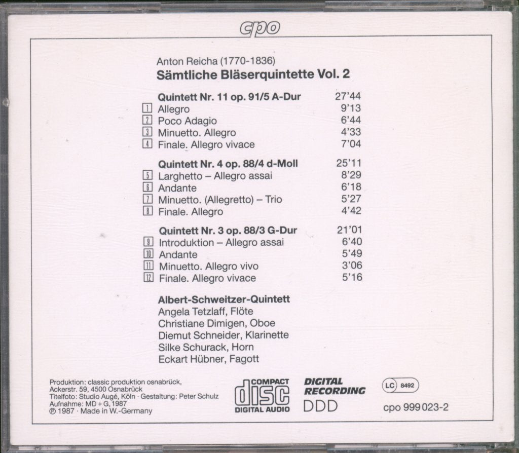 Anton Reicha / Albert Schweitzer Quintett - Sämtliche Bläserquintette Vol. 2 - Cd