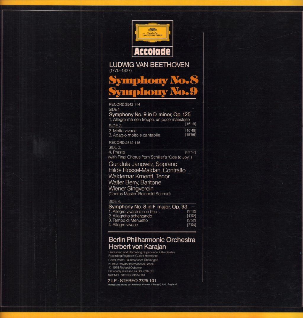 Berlin Philharmonic Orchestra - beethoven Symphonies Nos. 8 And 9 - Double Lp