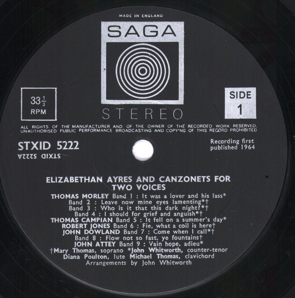 Mary Thomas And John Whitworth - An Anthology Of Elizabethan And Restoration Vocal Music - Lp