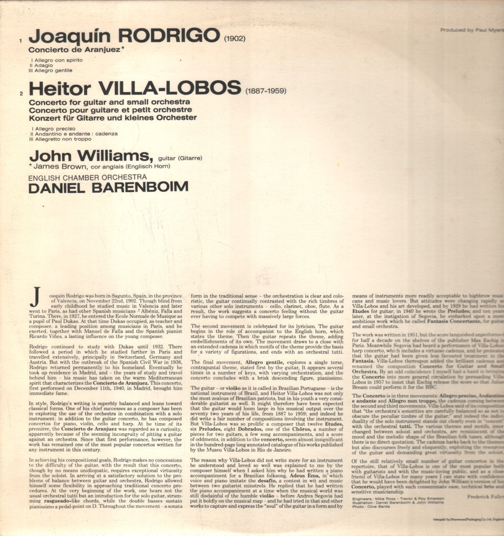 John Williams / English Chamber Orchestra / Daniel Barenboim - Rodrigo - Concierto De Aranjuez / Villa-Lobos - Concerto For Guitar - Lp