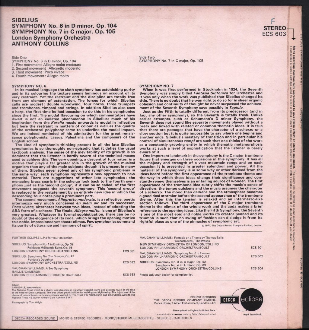 Anthony Collins / London Symphony Orchestra - Sibelius - Symphony No.6 In D Minor / Symphony No.7 - Lp