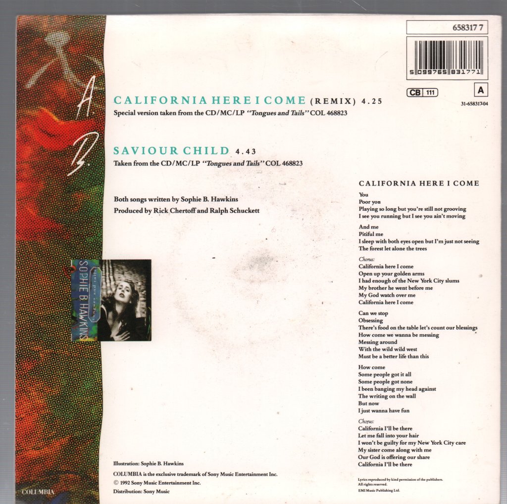 Sophie B Hawkins - California Here I Come - 7 Inch