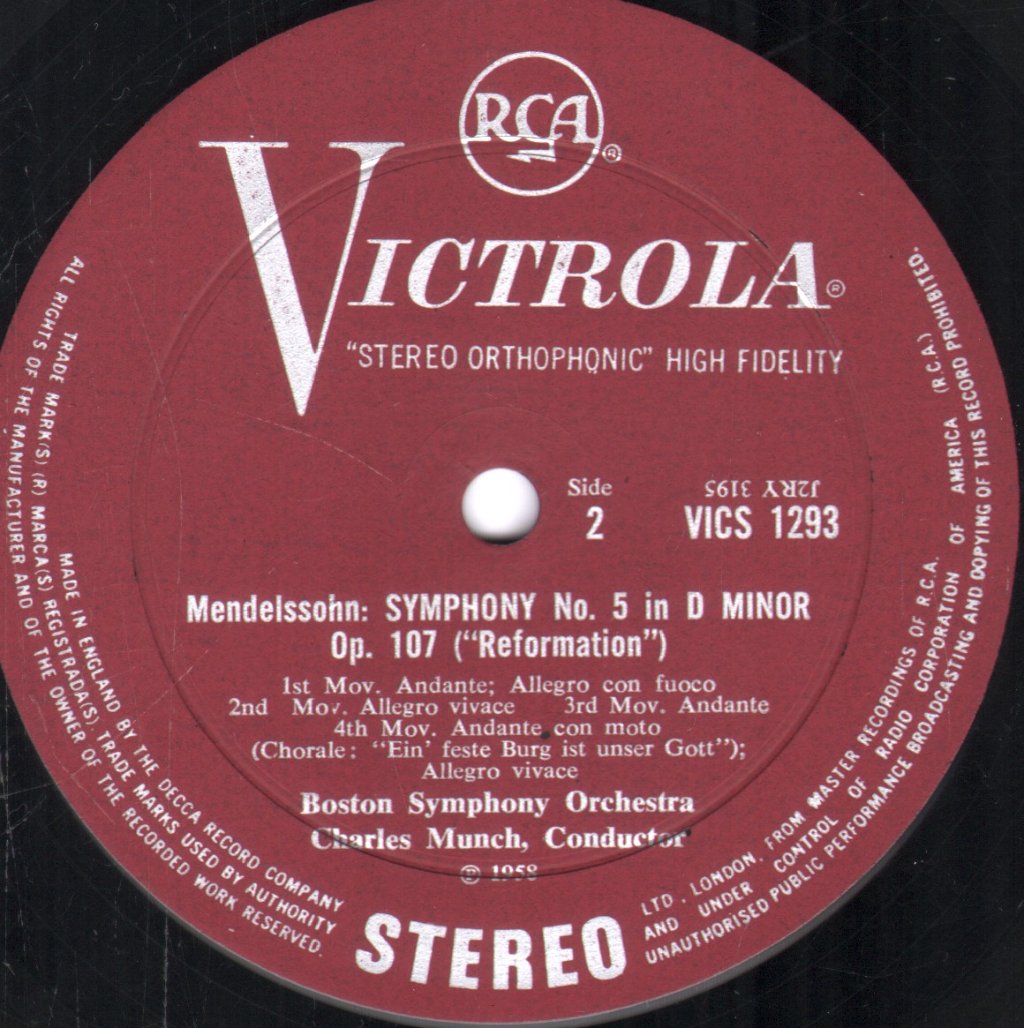 Charles Munch / Boston Symphony Orchestra - Mendelssohn - Symphony No. 4 In A 'Italian' / Symphony No. 5 In D Minor 'Reformation' - Lp