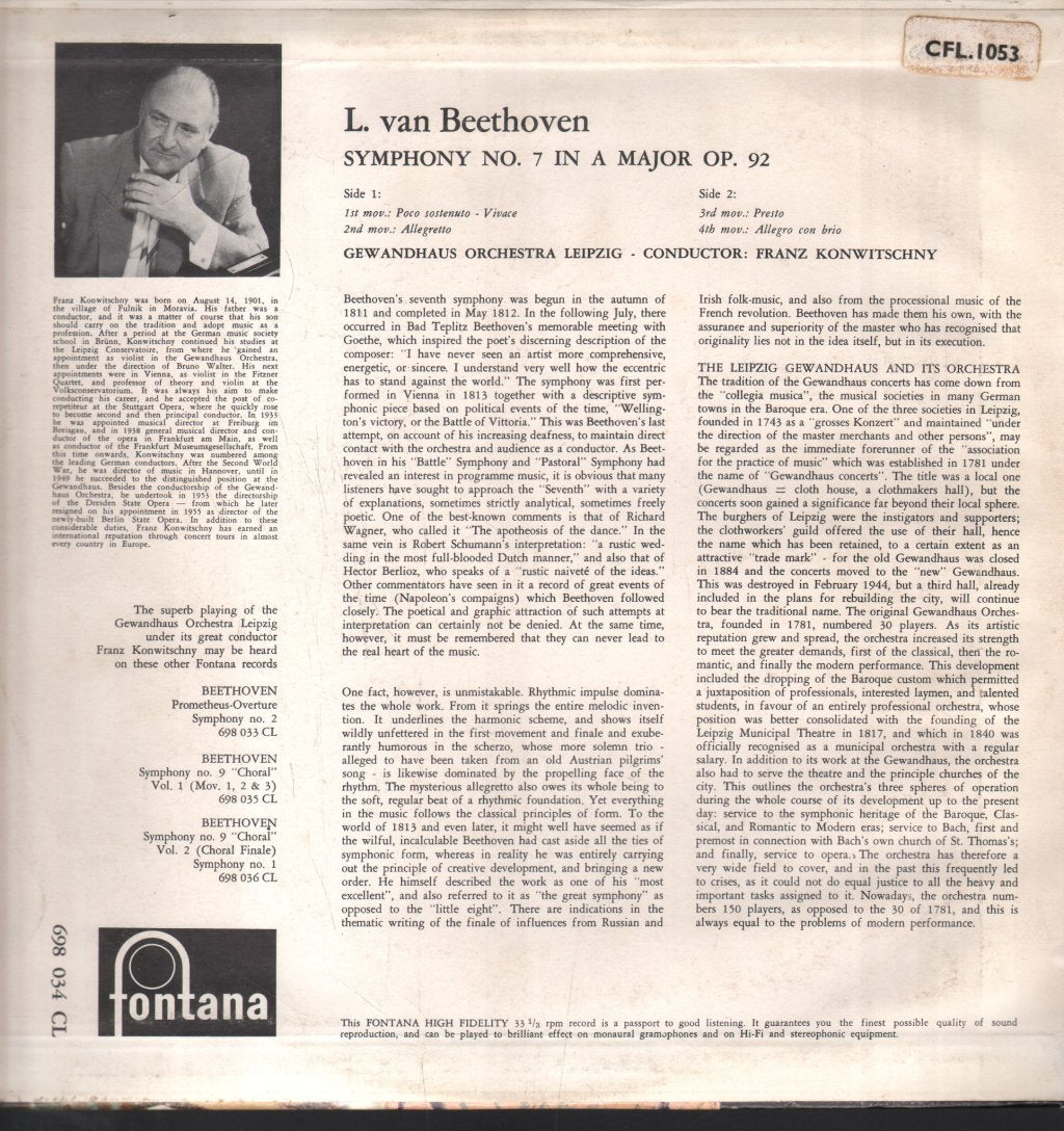 Franz Konwitschny / Leipzig Gewandhaus Orchestra - Beethoven - Symphony No 7 In A, Op.92 - Lp