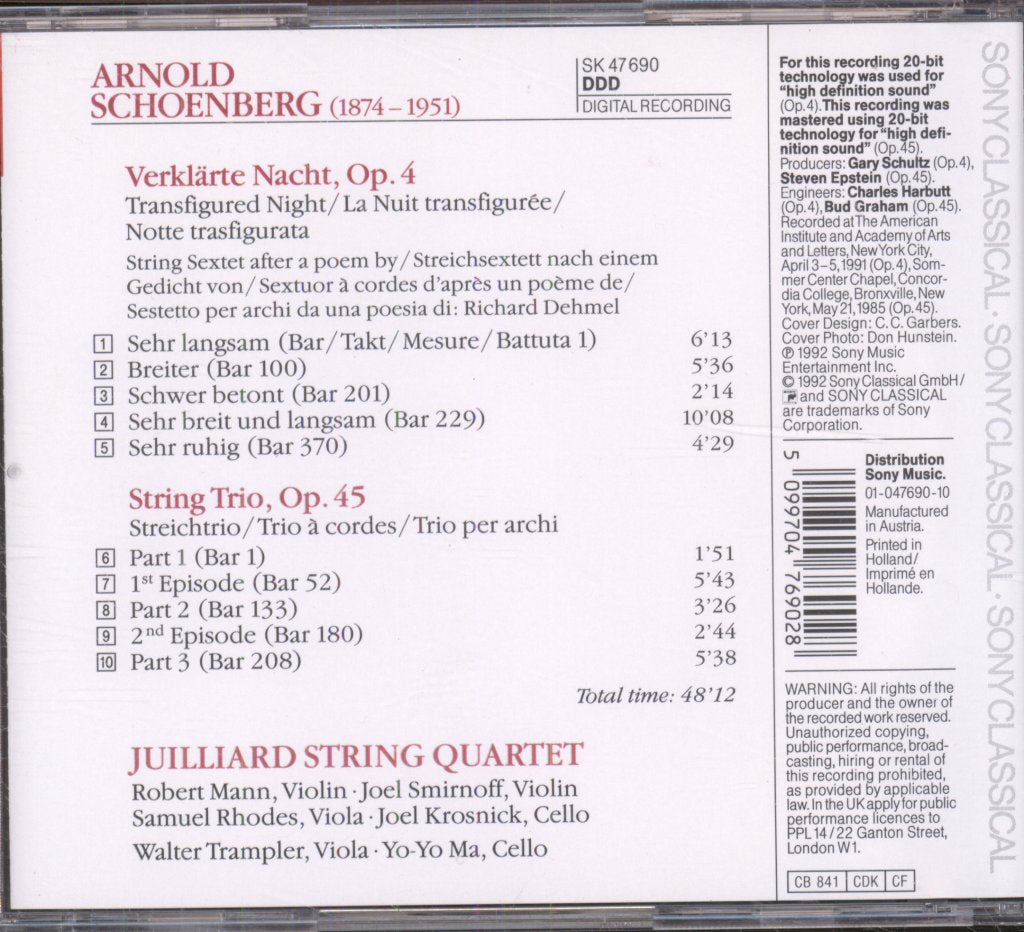 Juilliard String Quartet, Walter Trampler, Yo-Yo Ma - Arnold Schoenberg - Verklärte Nacht, Op. 4 / Trio, Op. 45 - Cd