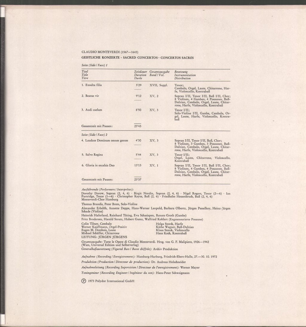 Dorothy Dorow / Birgit Nordin / Nigel Rogers / Ian Partridge / Monteverdi-Chor Hamburg - Claudio Monteverdi - Geistliche Konzerte - Lp