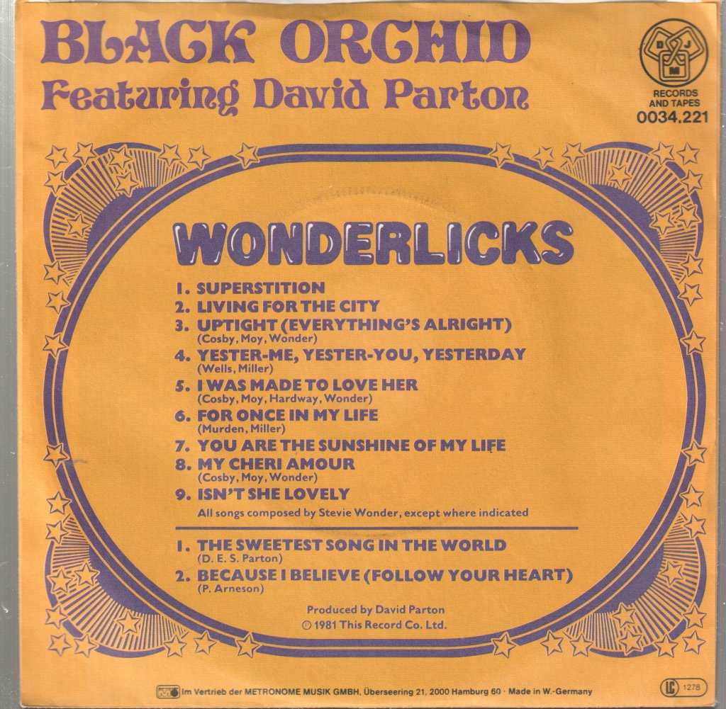 Black Orchid Featuring David Parton - Wonderlicks - 7 Inch
