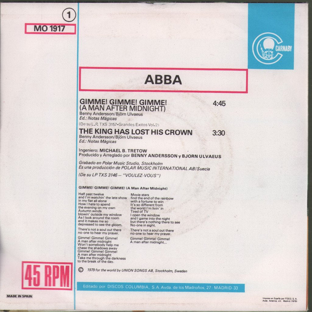 ABBA - Gimme! Gimme! Gimme! (A Man After Midnight) - 7 Inch