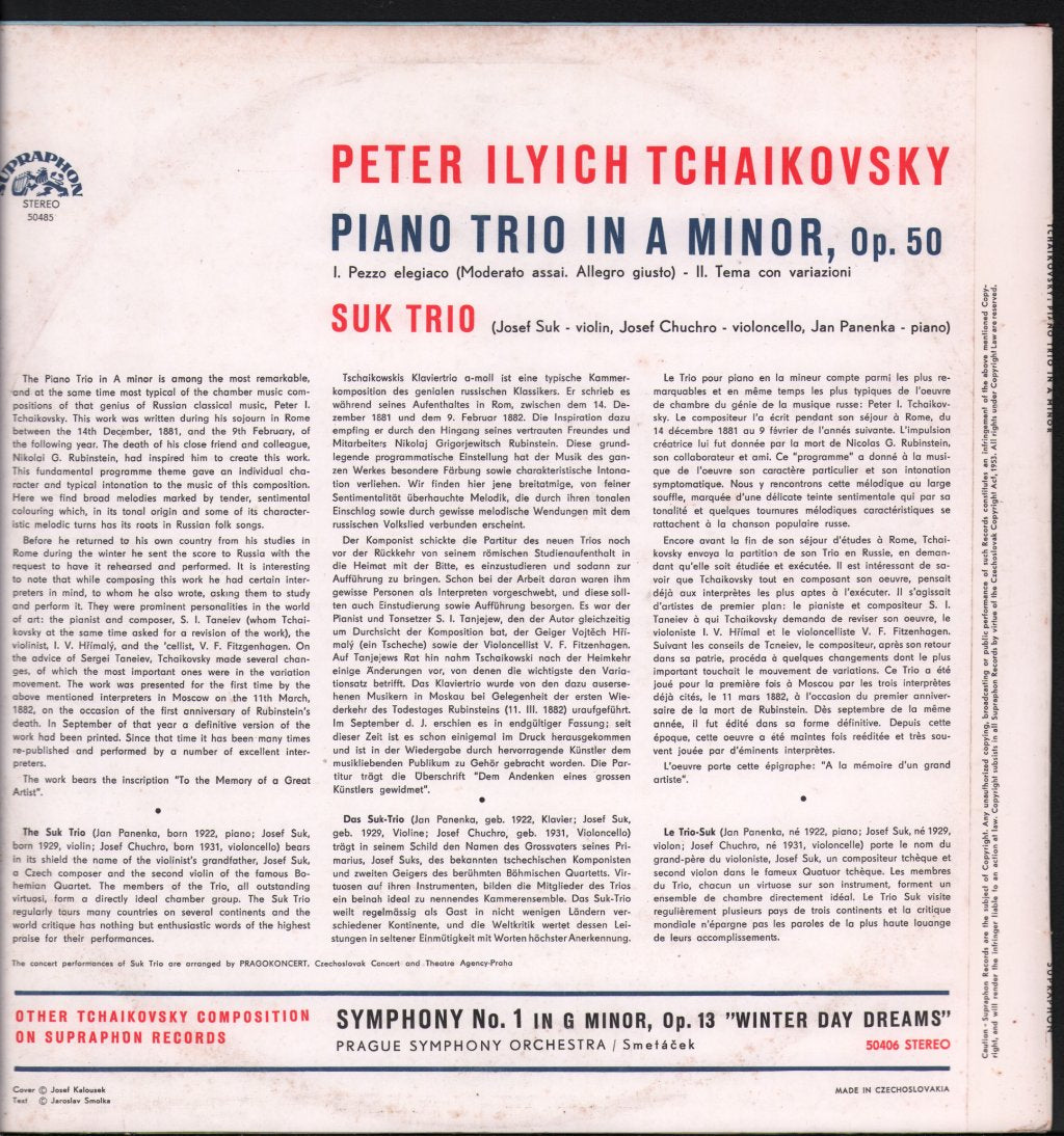 Suk Trio - Tchaikovsky - Piano Trio (In A Minor) - Lp