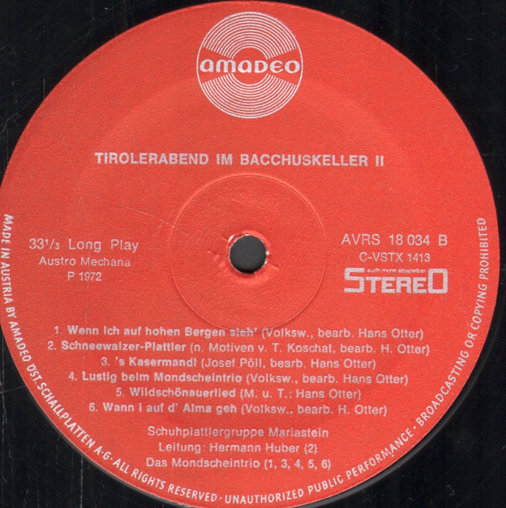 Mondscheintrio / Die Schuhplattlergruppe Mariastein - Tirolerabend Im Bacchuskeller Nr. II - Lp