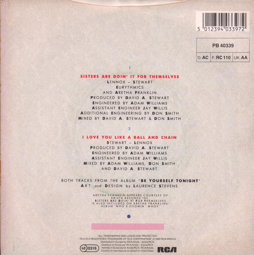 Eurythmics And Aretha Franklin - Sisters Are Doin It For Themselves - 7 Inch