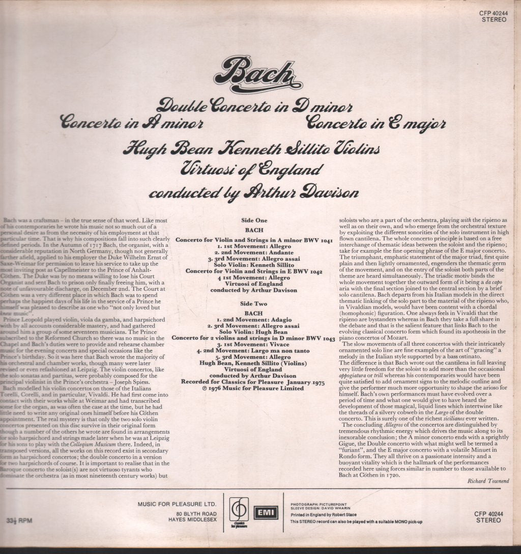 Hugh Bean - Bach Double Concerto In D Minor / Concerto In A Minor - Lp