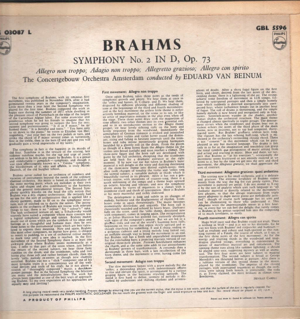Eduard Van Beinum / Concertgebouw Orchestra - Brahms - Symphony No. 2 In D, Op. 73 - Lp