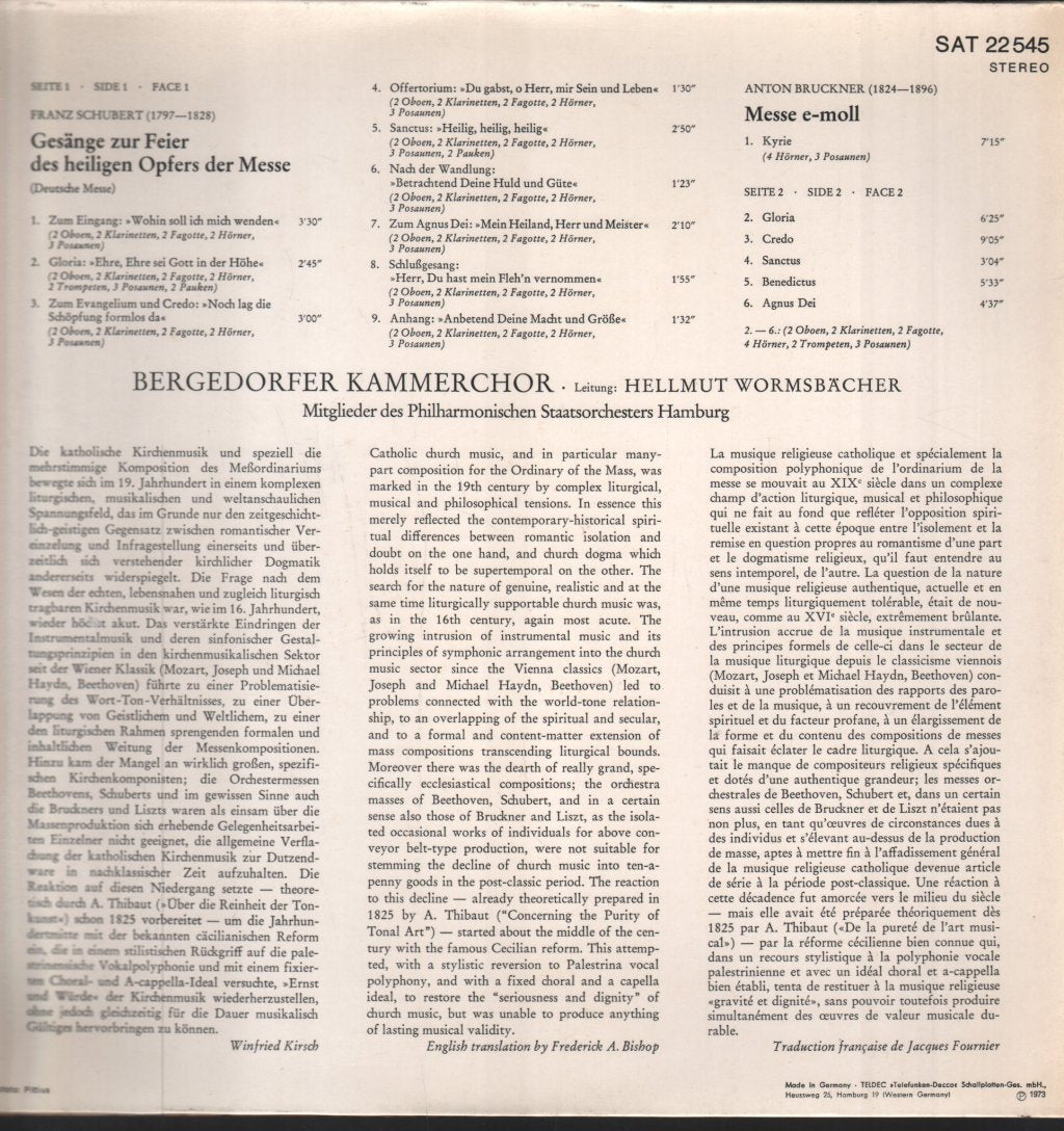 Bergedorfer Kammerchor / Hellmut Wormsbächer - Schubert - Deutsche Messe / Bruckner -Messe E-moll - Lp