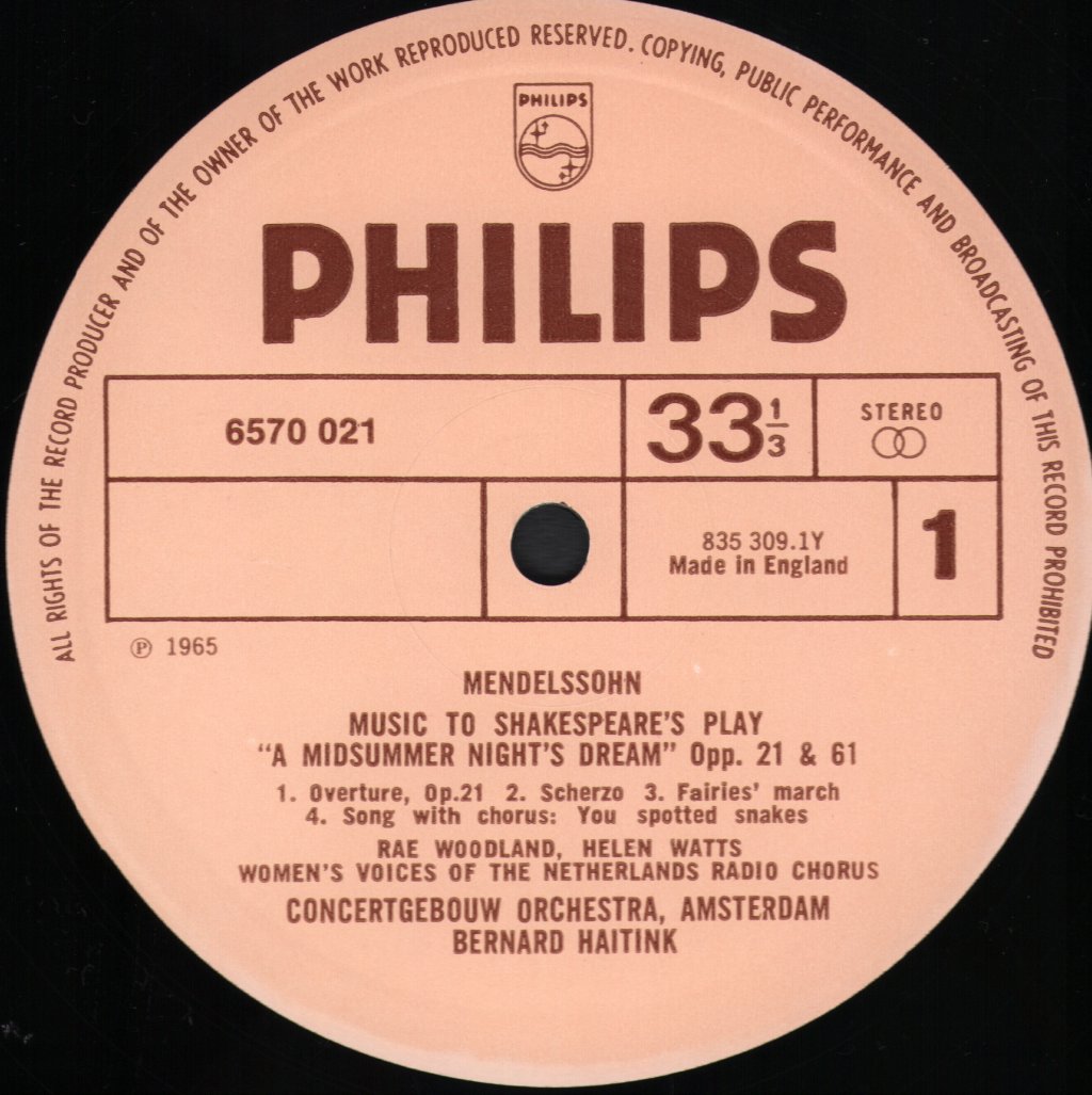 Bernard Haitink / Concertgebouw Orchestra, Amsterdam - Mendelssohn - A Midsummer Night's Dream - Lp