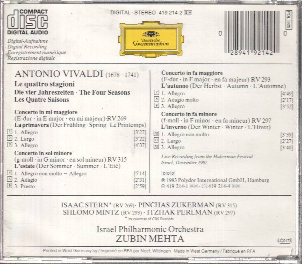 Israel Philharmonic Orchestra, Zubin Mehta - Vivaldi - Le Quattro Stagioni = The Four Seasons = Les Quatre Saisons - Cd