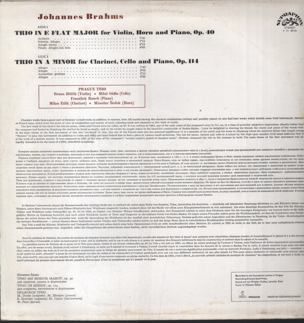 Miroslav Stefek / Milan Etlík / Prague Trio - Brahms - Trio For Clarinet, Cello, Piano / Trio For Violin, Horn, Piano - Lp