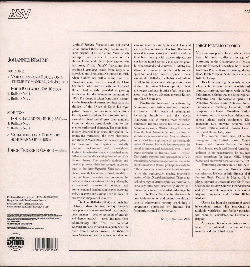 Jorge Federico Osorio - Brahms 4 Ballades / Handel Variations / Schumann Variations - Lp