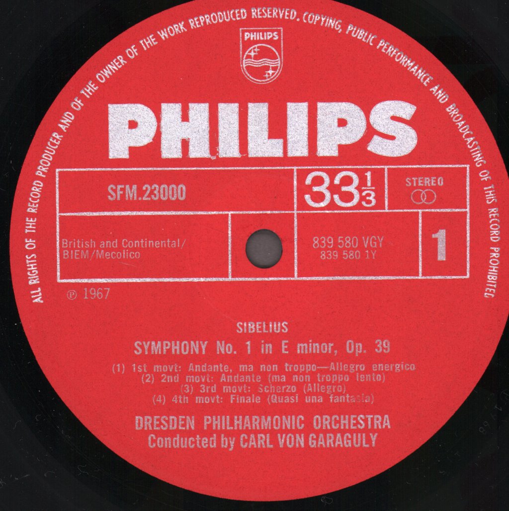 Dresden Philharmonic Orchestra / Carl von Garaguly - Sibelius - Symphony No.1 In E Minor, Op. 39; Symphony No. 7 In C, Op. 105 - Lp