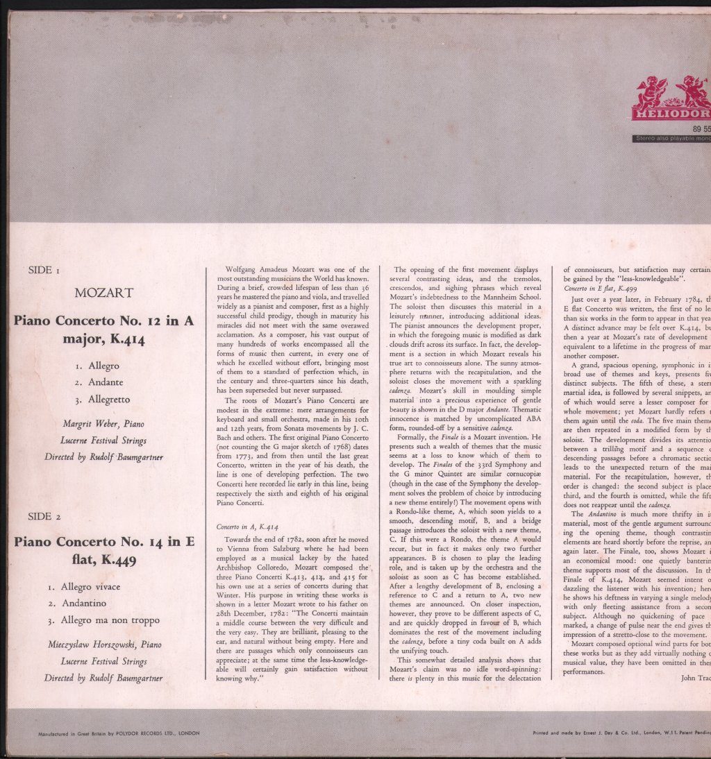 Margrit Weber / Mieczyslaw Horszowski / Festival Strings Lucerne / Rudolf Baumgartner - Piano Concertos (No.12 A-Major K414 - No.14 E Flat-Major K449) - Lp