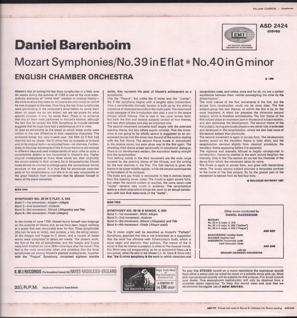 Daniel Barenboim / English Chamber Orchestra - Mozart Symphonies - No. 39 In E Flat, K.543; No. 40 G Minor, K.550 - Lp