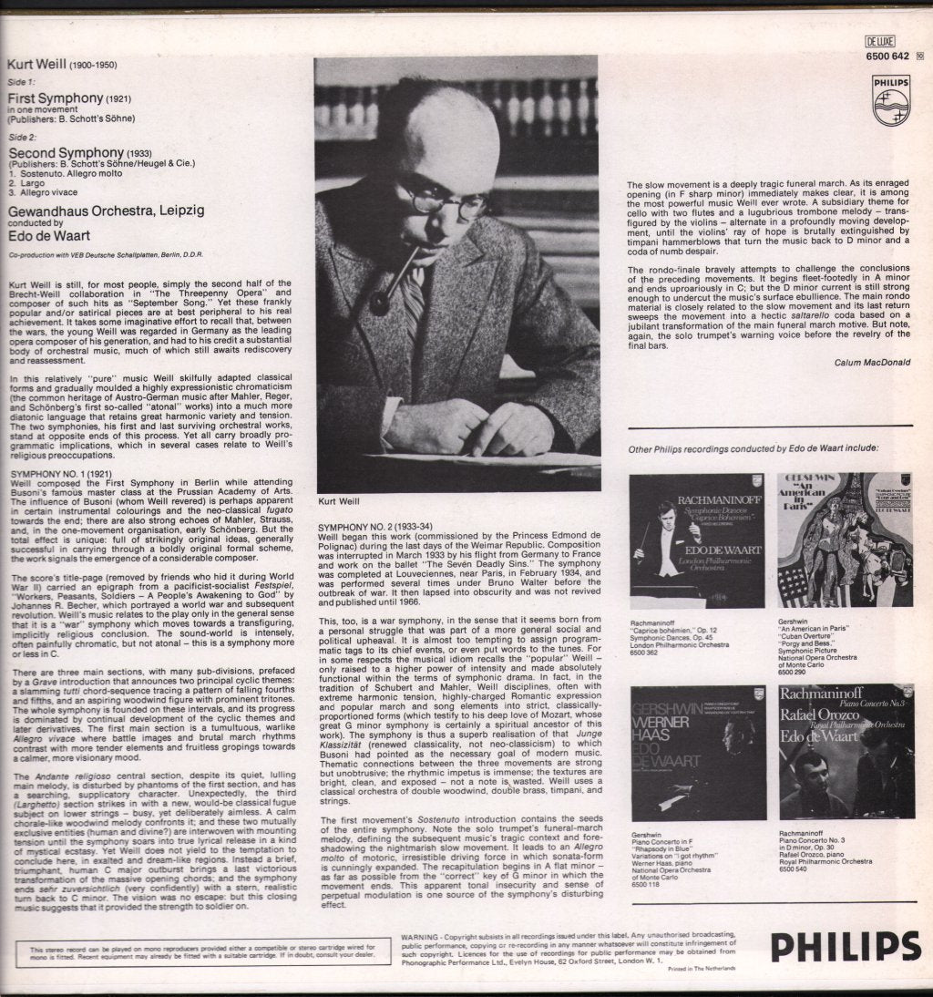 Edo De Waart / Gewandhausorchester, Leipzig - Kurt Weill - Two Symphonies - Lp