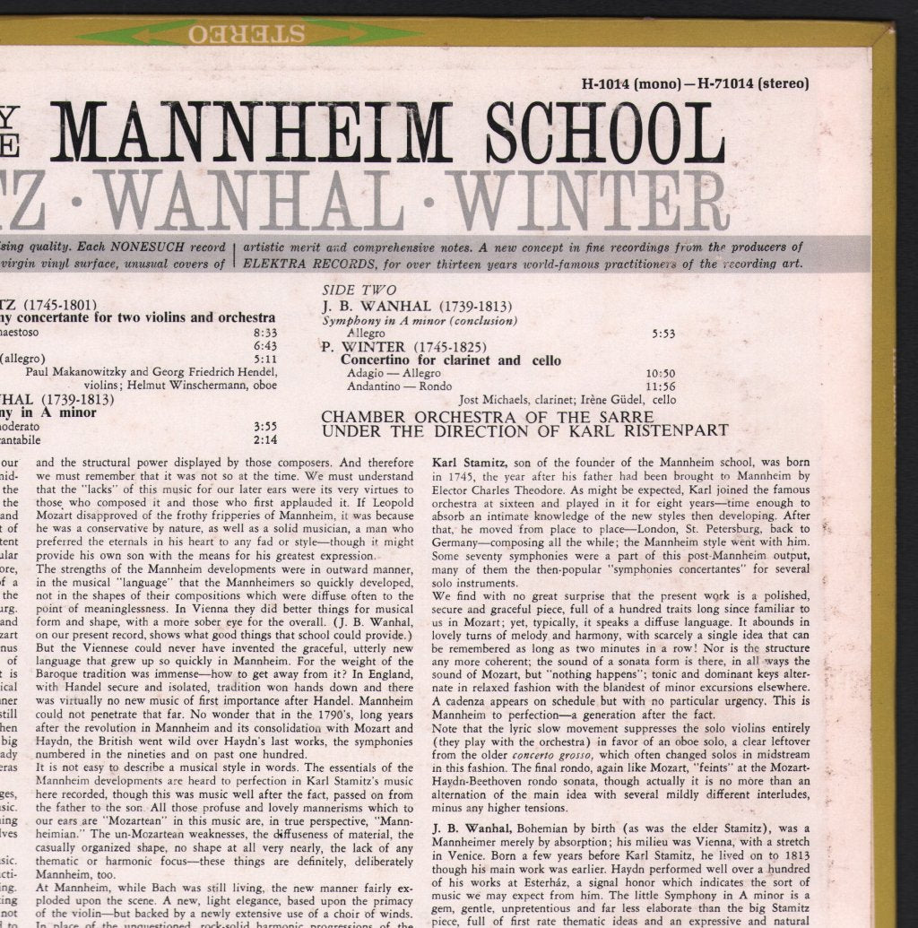 Chamber Orchestra of The Sarre / Karl Ristenpart - Legacy Of The Mannheim School - Stamitz / Wanhal / Winter - Lp