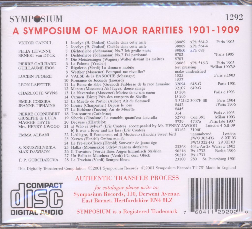 Various Artists - A Symposium Of Major Rarities 1901 1909 - Cd