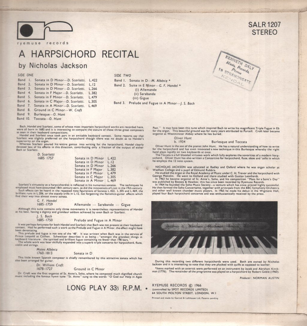 Nicholas Jackson - A Harpsichord Recital - Lp