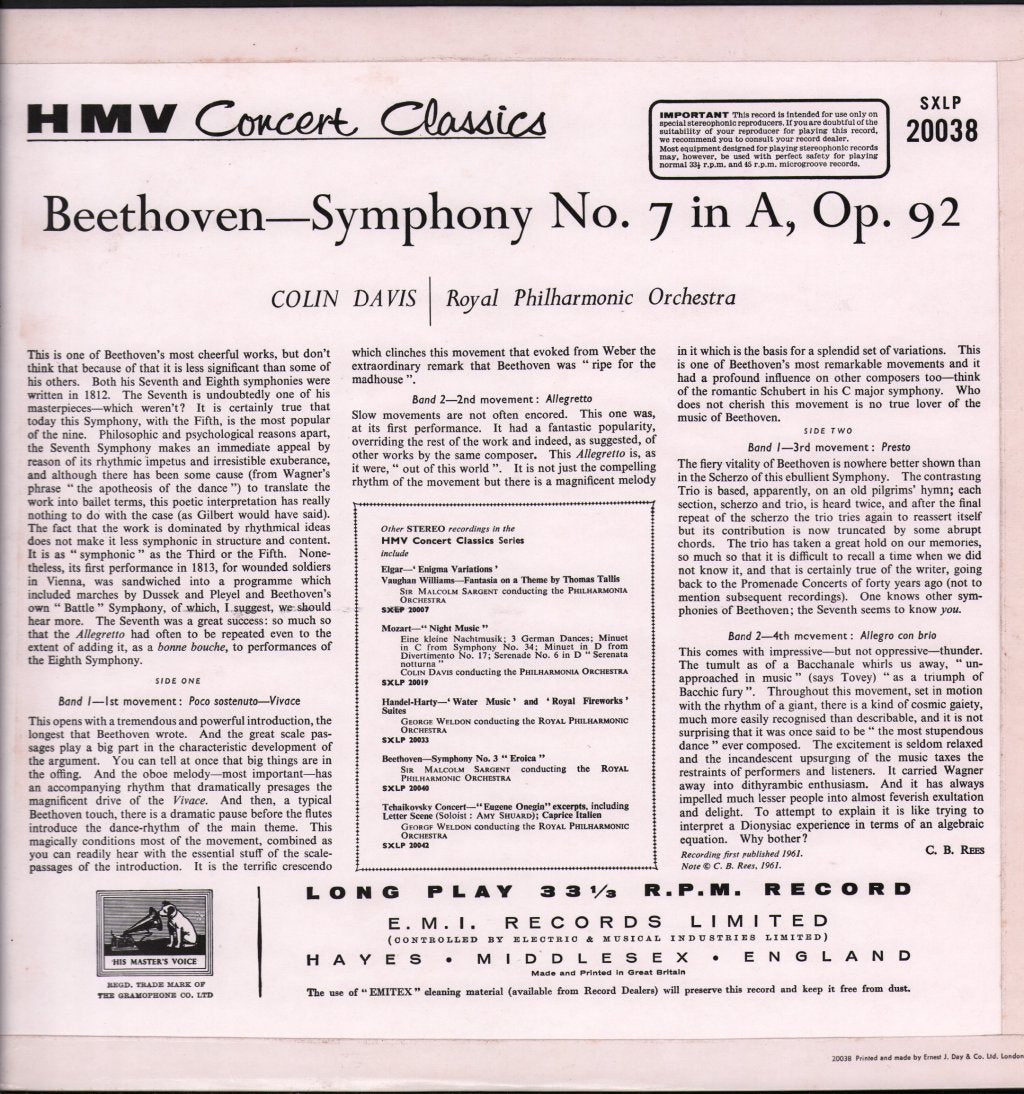 Colin Davis / Royal Philharmonic Orchestra - Beethoven Symphony No.7 - Lp