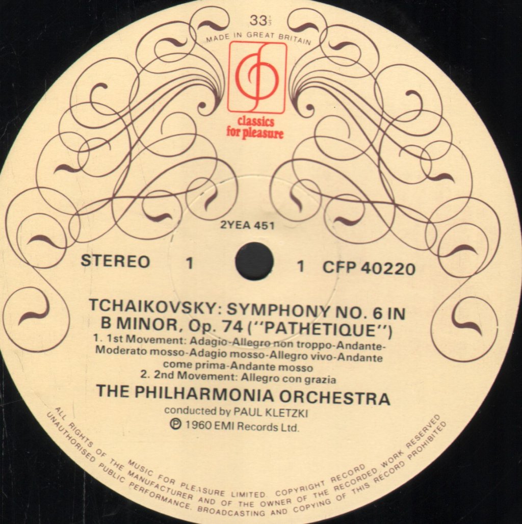 Paul Kletzki / Philharmonic Orchestra - Tchaikovsky Symphony No.6 Pathetique - Lp