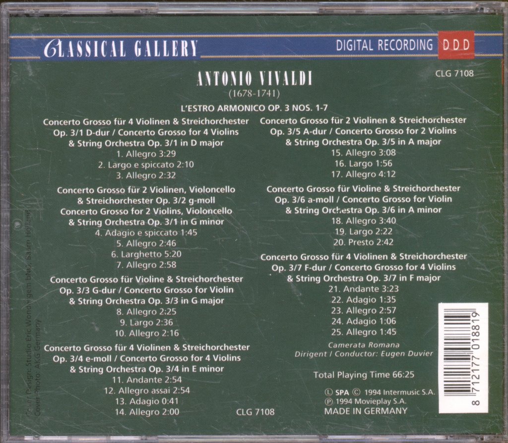 Camerata Romana, Eugen Duvier - Vivaldi - L'Estro Armonico. Op.3 Nos. 1-7 - Cd